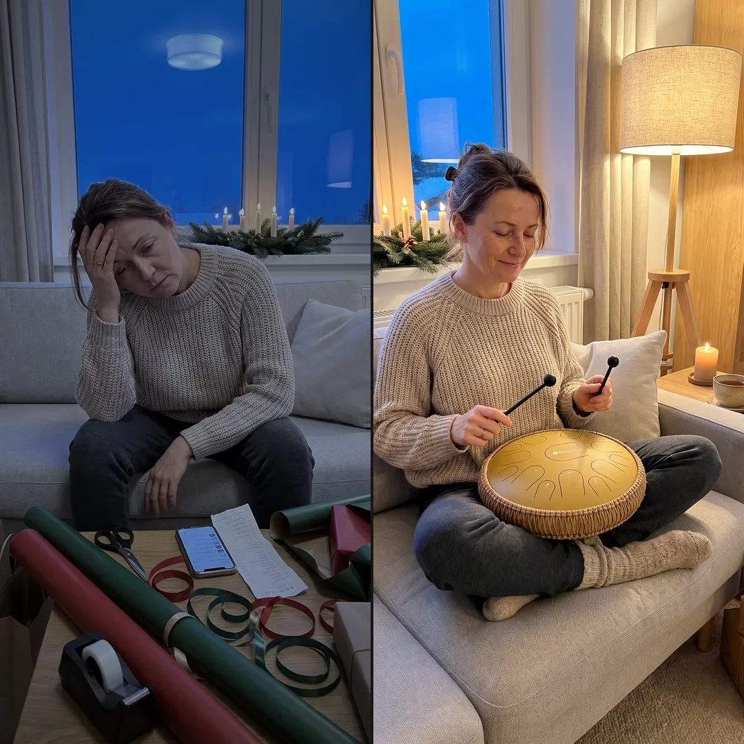 Vorher-Nachher: Frau sitzt im Dezember erschöpft zwischen Geschenkpapier und Einkaufstüten, daneben spielt sie entspannt die goldene Sonodrum Zungentrommel bei Kerzenlicht